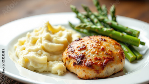 A close-up view of a plate with Marry Me Chicken accompanied by mashed potatoes and asparagus spears, highlighting a meal of comfort food.