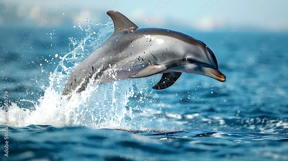 Fototapeta premium A dolphin leaping gracefully through the air set against a white background.