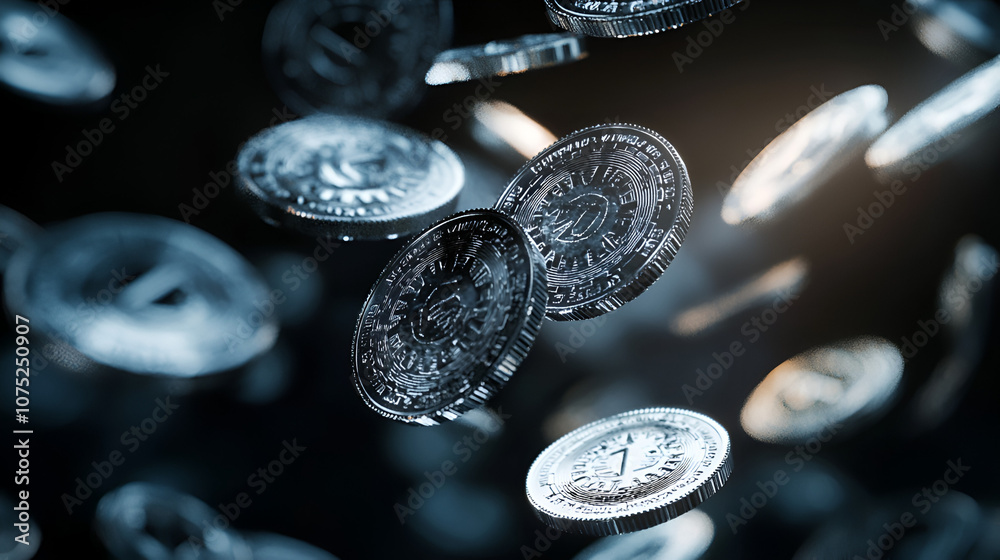 A surreal scene of floating silver coins and clock gears, all spinning in mid-air with a soft glow around them, set against a dark background A surreal scene of floating silver coins and clock gears, all spinning in mid-air with a soft glow around them, set against a dark background