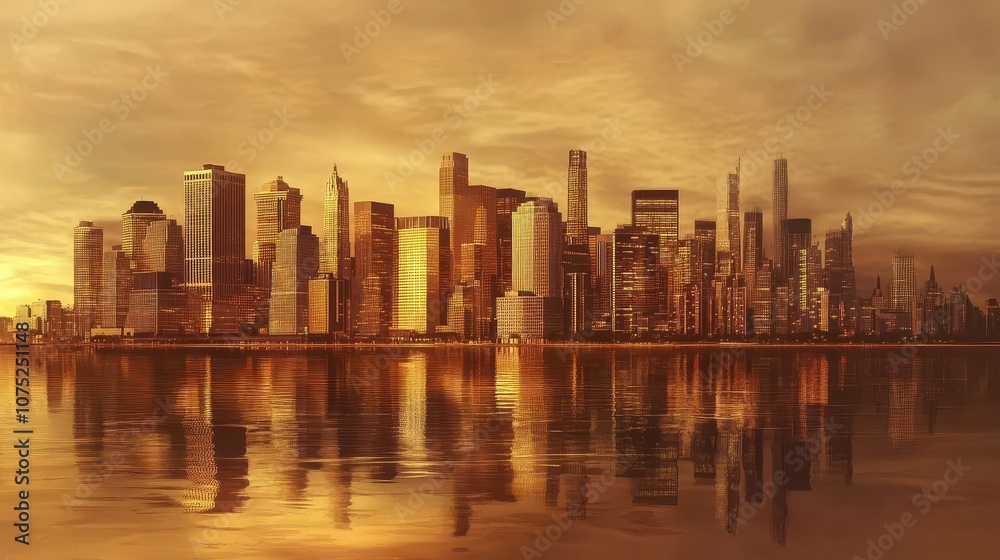 Fototapeta premium A panoramic view of a city skyline during golden hour, with skyscrapers reflecting the warm light, showcasing the beauty of urban living.
