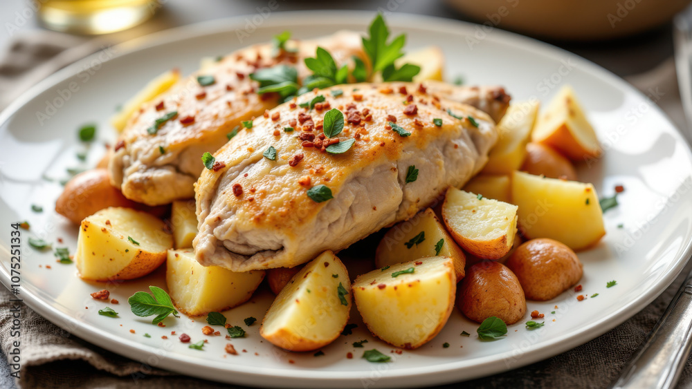 A delicious serving of Mary's Meal chicken with a side of seasoned potatoes on a white plate. A delicious serving of Mary's Meal chicken with a side of seasoned potatoes on a white plate.