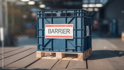 A storage crate marked 'BARRIER' in a warehouse setting, showcasing industrial safety.