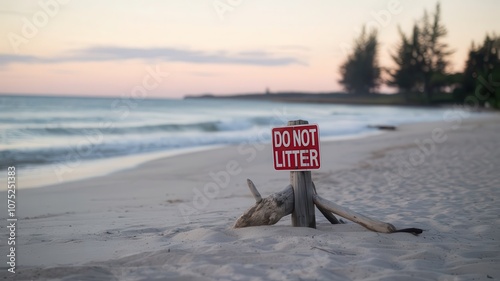 A beach scene with a clear sky and a sign urging not to litter in the area. photo