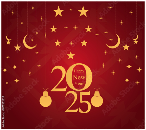 2025 Happy New Year design vector. Gold paper number with gold confetti on a colorful red background. colorful fireworks and trendy new year 2025 design template. Greeting Card. Vector Illustration.