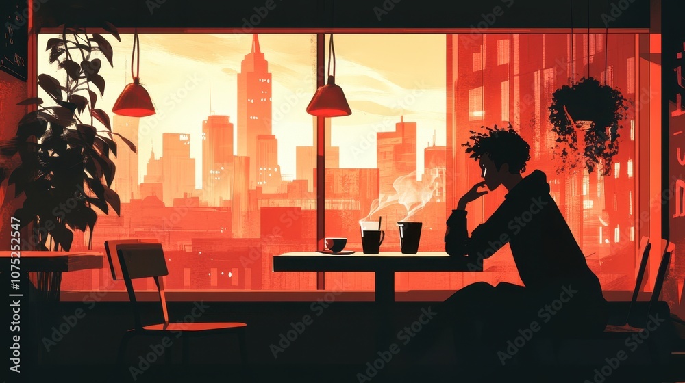 A person enjoying coffee at a trendy city cafe, with modern decor and cityscape views, embodying the laid-back vibe of urban living. A person enjoying coffee at a trendy city cafe, with modern decor and cityscape views, embodying the laid-back vibe of urban living.