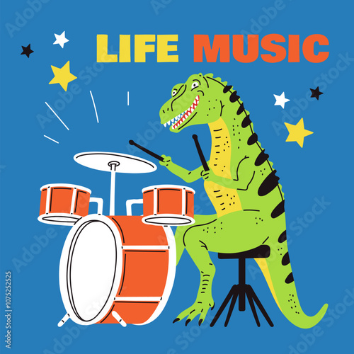 Dinosaur playing drums, vector cute dinosaur drummer play music, cartoon funny crocodile musician percussion instruments