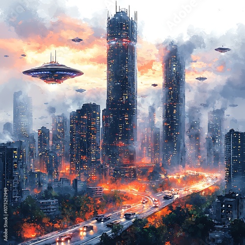 Futuristic Cityscape with Flying Saucers at Sunset.