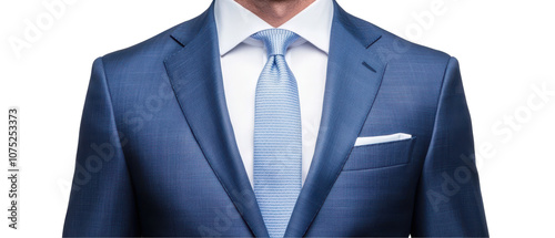 A man in a blue suit and white shirt is wearing a blue tie