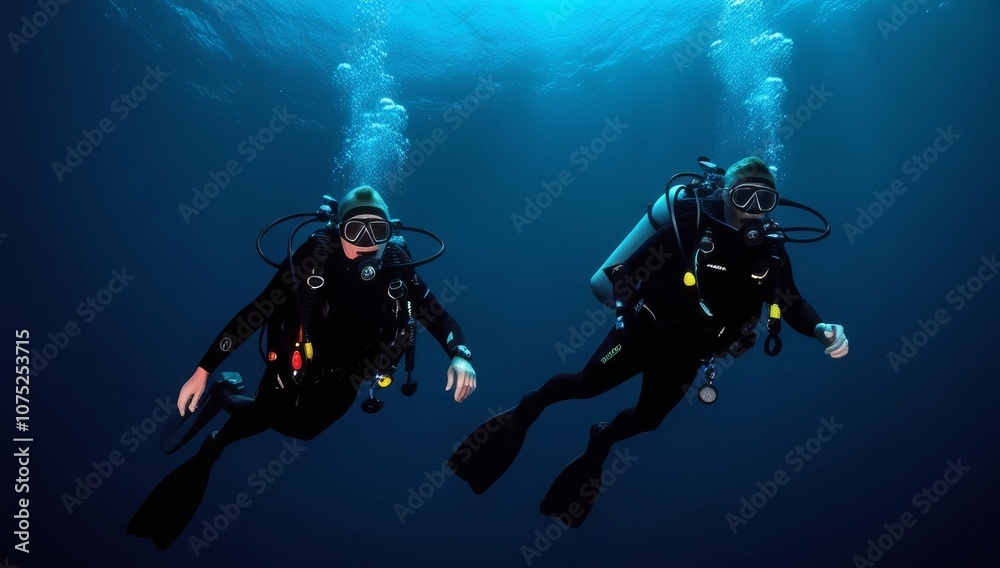 divers in the ocean, underwater sport active recreation in the deep ocean. Group of divers depth bubbles dive divers in the ocean, underwater sport active recreation in the deep ocean. Group of divers depth bubbles dive