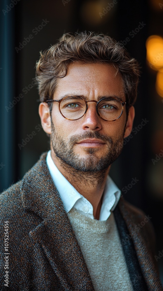 A portraits of a stylish man with glasses, light beard, and tousled hair, wearing a brown coat and white shirt, exuding a confident, thoughtful expression. A portraits of a stylish man with glasses, light beard, and tousled hair, wearing a brown coat and white shirt, exuding a confident, thoughtful expression.