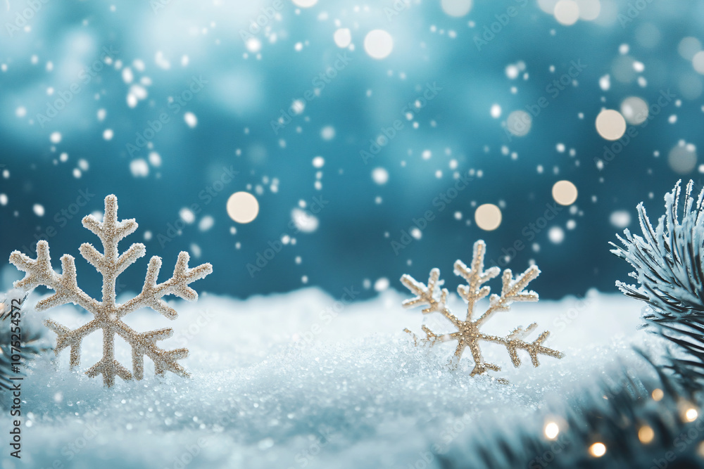 Ice snowflake close-up on snow on blue background. Winter concept template for Christmas, New Year and sale season. Postcard and flyer with space for text Ice snowflake close-up on snow on blue background. Winter concept template for Christmas, New Year and sale season. Postcard and flyer with space for text