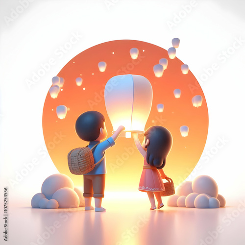 3D Candid Shot Couple Releasing Lanterns Sunset Makar Sankranti Night Sky Romantic Hopeful Moment Copy Space Left Branding Text