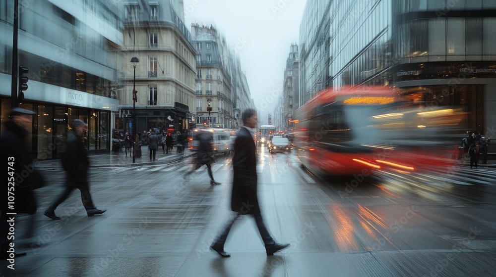 Fototapeta premium A moody Paris street in motion with blurred pedestrians and a red bus on a rainy day framed by classic architecture.