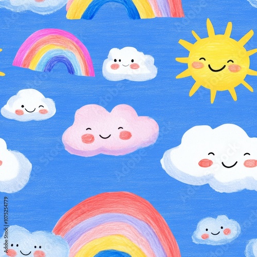 Cute seamless pattern with smiling clouds, rainbows, and sunshine on blue background