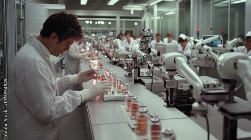 Obraz premium A high-tech laboratory brims with scientists in white coats working diligently alongside robotic arms, epitomizing cutting-edge research and innovation.