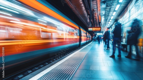 subway platform filled with commuters waiting for the next train, creating a dynamic scene of fast-paced urban movement.