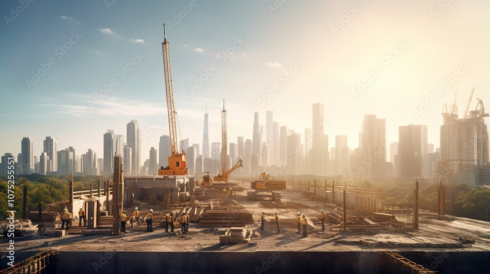 Fototapeta premium A photo of a construction site with a city skyline