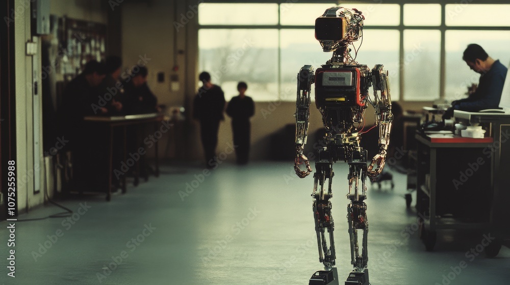 custom made wallpaper toronto digitalA humanoid robot stands in an industrial workshop, gazing towards a group of engineers, blending technology with humanity.