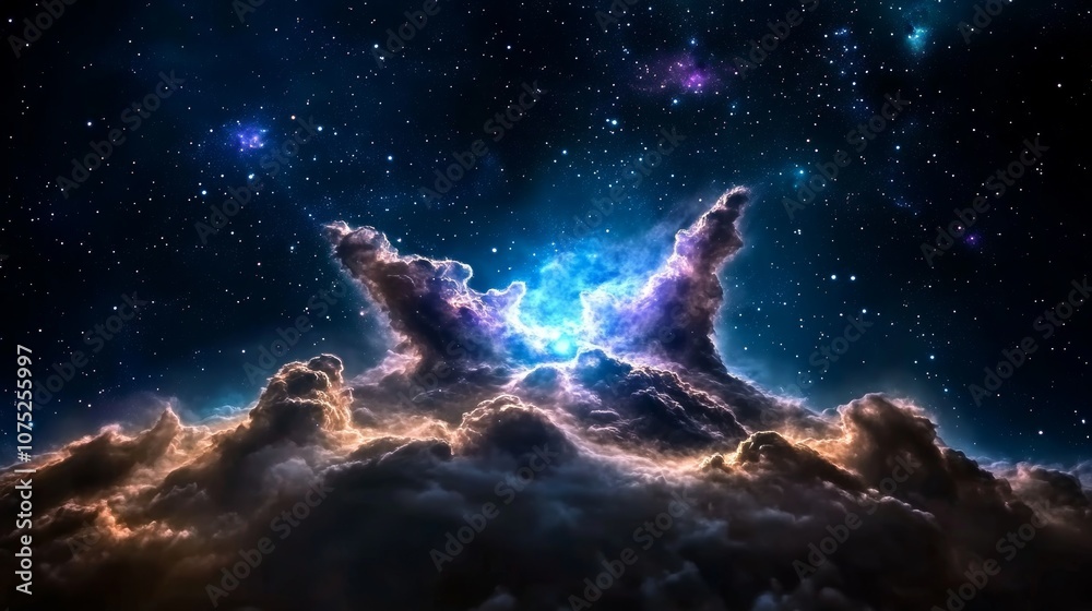 Fototapeta premium Cosmic Nebula Cloudscape Starry Night Sky Background