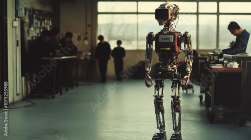 Wallpaper Mural A humanoid robot stands in an industrial workshop, gazing towards a group of engineers, blending technology with humanity. Torontodigital.ca