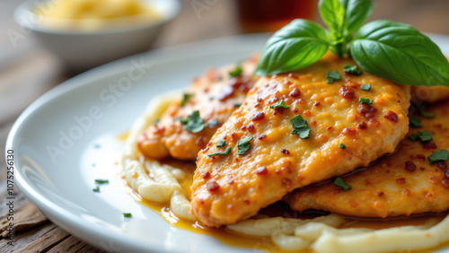 Mouthwatering Mary's chicken dish served on a plate with garnishes on wooden table.