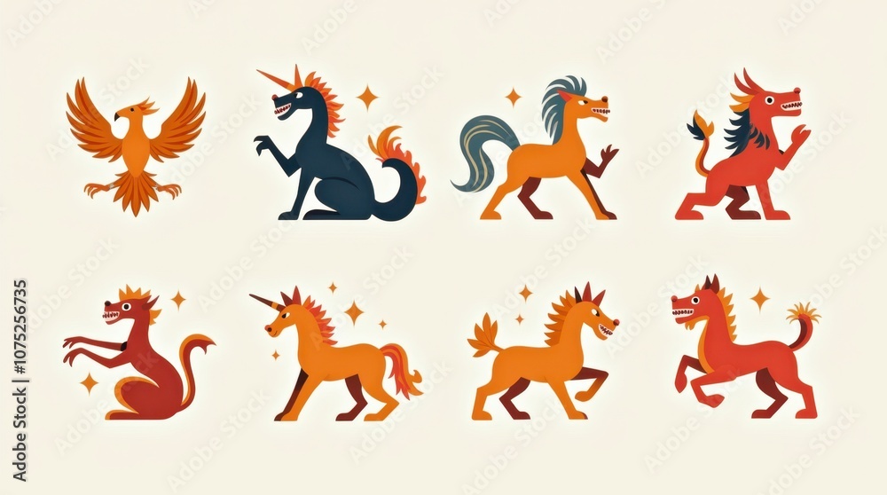 A Set of Icons Representing Mythical Creatures from Different Cultures A Set of Icons Representing Mythical Creatures from Different Cultures