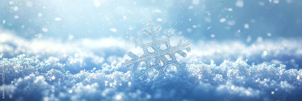 Ice snowflake close-up on snow on blue background. Winter template, banner concept for Christmas, New Year and sale season. Web card and backdrop with space for text Ice snowflake close-up on snow on blue background. Winter template, banner concept for Christmas, New Year and sale season. Web card and backdrop with space for text