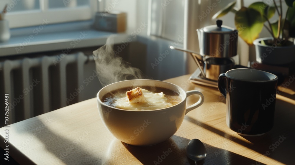 Morning sunlight pours onto a steaming cup of coffee with cream, set in an inviting kitchen, evoking warmth and contentment. Morning sunlight pours onto a steaming cup of coffee with cream, set in an inviting kitchen, evoking warmth and contentment.