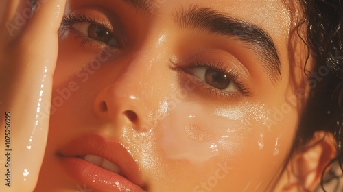Indian woman with radiant skin applying serum on her face for hydration, perfect for skincare and wellness brand advertisements