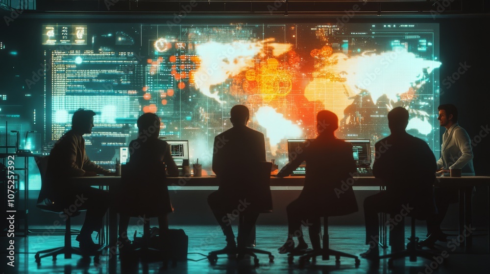 A group of people analyses a large digital world map, bathed in the glow of screens, suggesting global strategy and modern technology. A group of people analyses a large digital world map, bathed in the glow of screens, suggesting global strategy and modern technology.