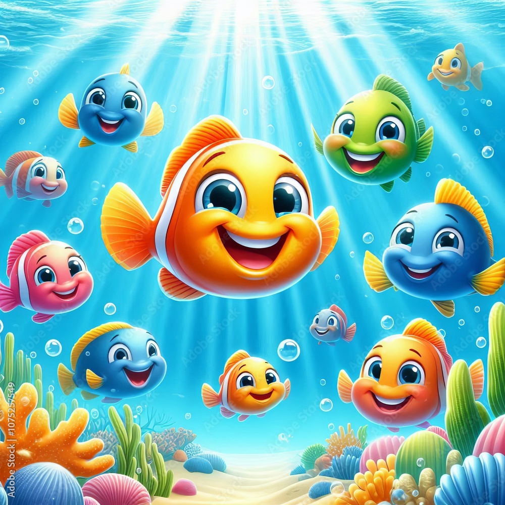 Happy Fish Fish with smiling faces swimming in a clear blue sea Happy Fish Fish with smiling faces swimming in a clear blue sea