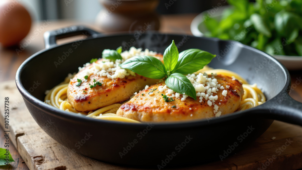 Marry Me Chicken cooking in a pan on a wooden surface with fresh ingredients. Marry Me Chicken cooking in a pan on a wooden surface with fresh ingredients.