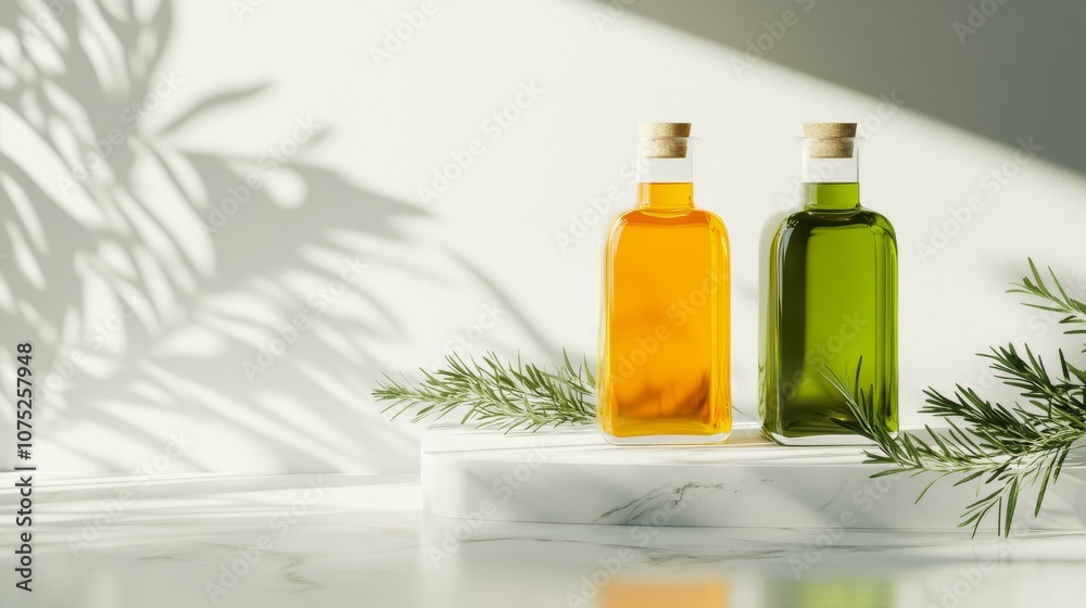 Two bottles of herbal infused oils on a marble platform with shadows, ideal for wellness and natural product branding Two bottles of herbal infused oils on a marble platform with shadows, ideal for wellness and natural product branding