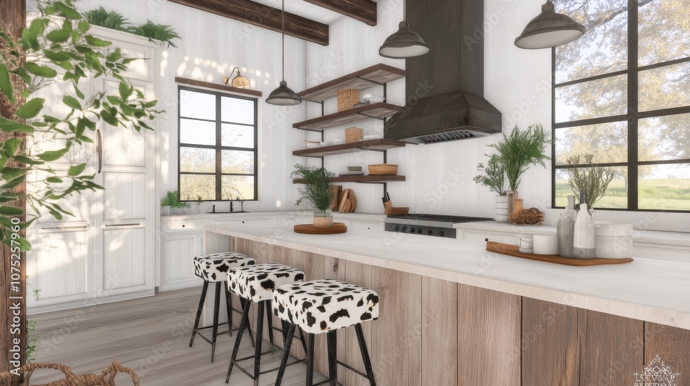Fototapeta premium Modern rustic kitchen interior with cow print stools, natural light, and open shelving, ideal for home decor and lifestyle branding