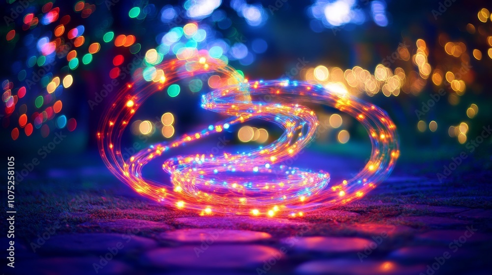 Vibrant loops of colored lights swirl over a cobblestone path, creating a magical and festive ambiance against a blurred, multicolored background. Vibrant loops of colored lights swirl over a cobblestone path, creating a magical and festive ambiance against a blurred, multicolored background.