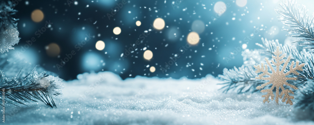 Ice snowflake close-up on Christmas tree, fir trees on snow on blue background. Winter template, banner concept for Christmas, New Year and sale season. Web card and backdrop with space for text Ice snowflake close-up on Christmas tree, fir trees on snow on blue background. Winter template, banner concept for Christmas, New Year and sale season. Web card and backdrop with space for text
