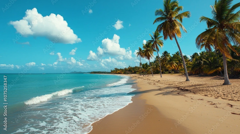 A pristine white sand beach with turquoise water, palm trees, and a clear blue sky. A pristine white sand beach with turquoise water, palm trees, and a clear blue sky.