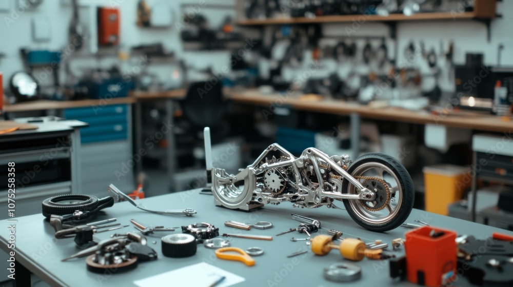 Fototapeta premium A meticulous motorcycle model assembly lies amid an array of tools in a workshop, showcasing craftsmanship and precision in a creative environment.
