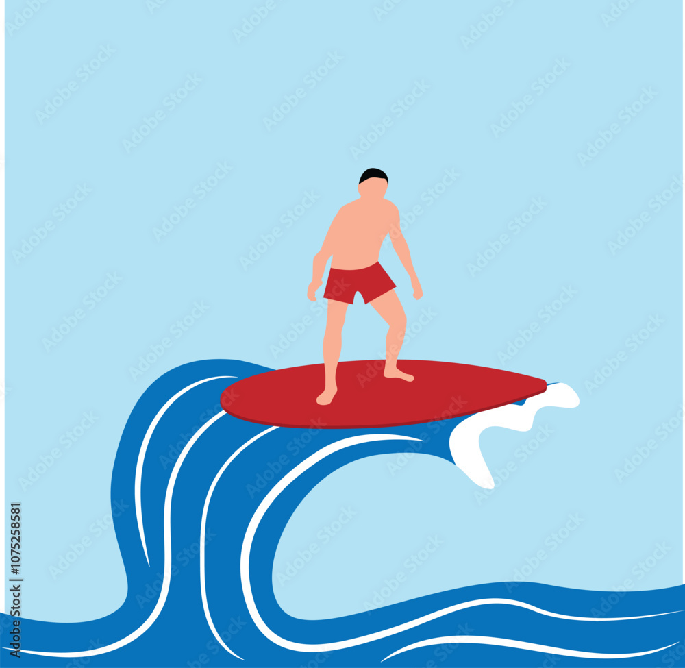 Surfer Catching the Wave Flat Style. Sports and water summer activities vector art Surfer Catching the Wave Flat Style. Sports and water summer activities vector art