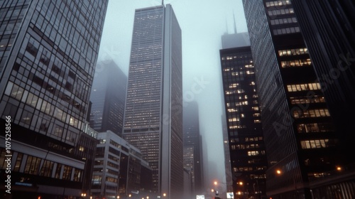 Tall skyscrapers pierce the foggy skyline, their lit windows reflecting the lively pulse of an urban evening in a bustling metropolis.