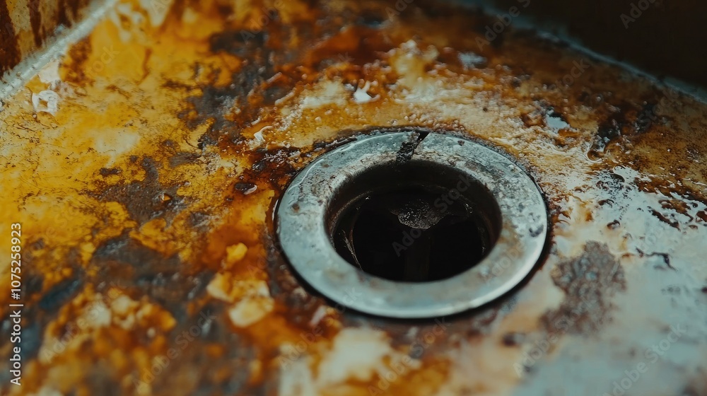 Rusty, grimy sink drain in a metal basin, showing signs of heavy use and lack of cleaning. Rusty, grimy sink drain in a metal basin, showing signs of heavy use and lack of cleaning.