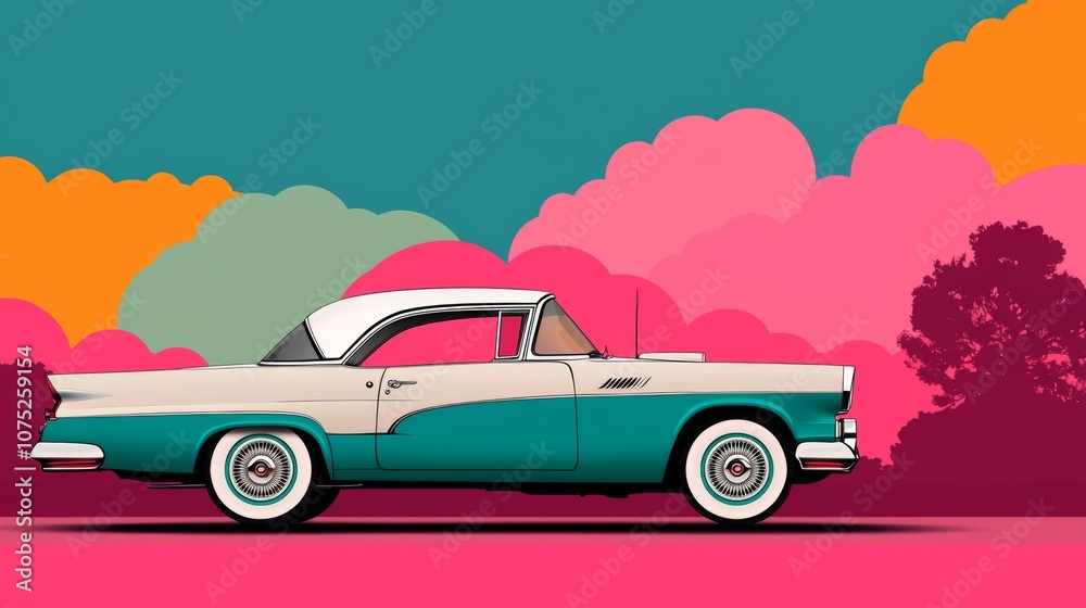 A classic car in teal and white, with a white roof, is depicted against a backdrop of stylized clouds and trees in shades of pink, green, and orange. A classic car in teal and white, with a white roof, is depicted against a backdrop of stylized clouds and trees in shades of pink, green, and orange.