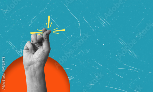 Finger snapping as a metaphor for rapid goal attainment. Artistic modern art collage.