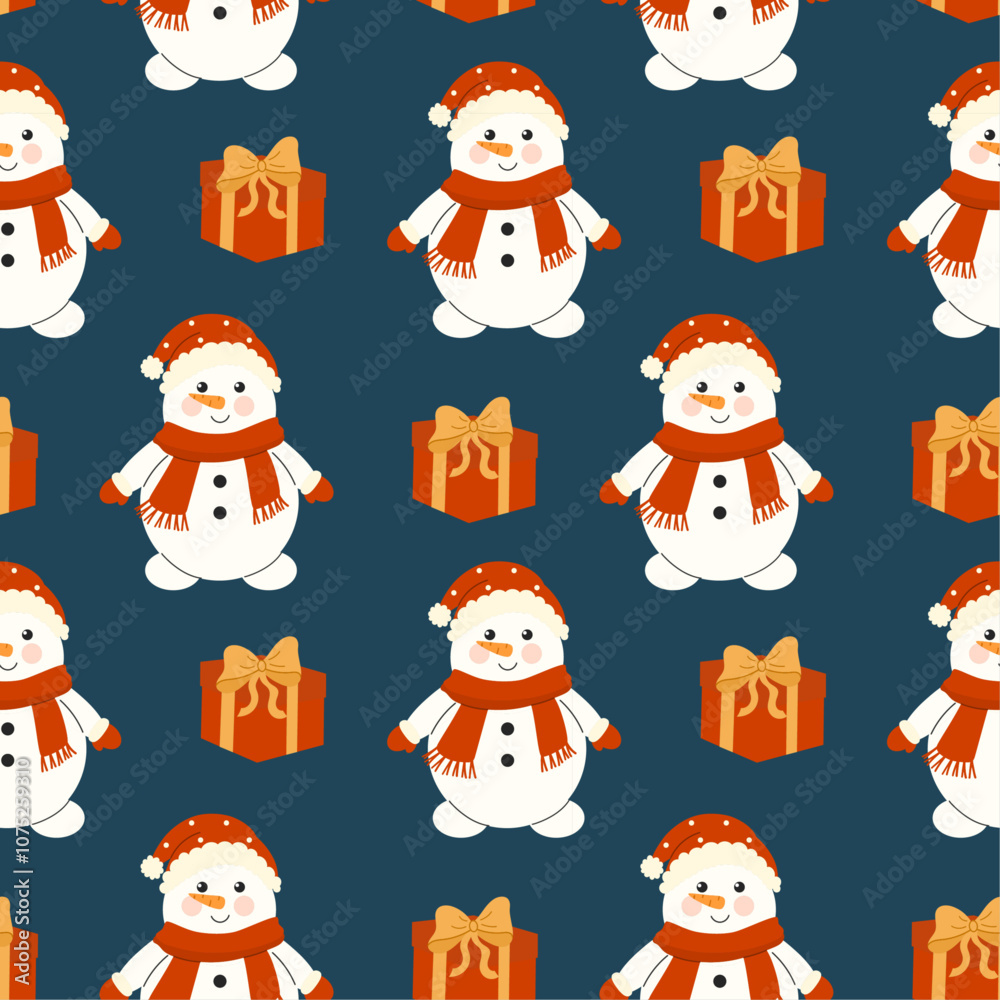 Christmas seamless pattern with a cute snowman in a hat and scarf with a gift box. Vector winter background. Perfect for textiles, wallpaper or print holiday design. Christmas seamless pattern with a cute snowman in a hat and scarf with a gift box. Vector winter background. Perfect for textiles, wallpaper or print holiday design.