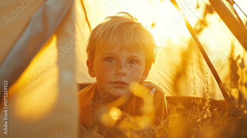 A young child peers out of a glowing tent into the warm golden light of a sunrise, capturing a moment of wonder. photo