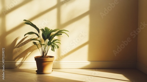 A solitary plant basks in sunlight, its shadow a poetic companion on the wall, exuding tranquility and simplicity in pure form.