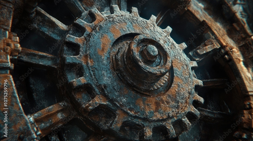 Rusty engine gears captured close-up, with detailed textures and visible signs of age and use. Rusty engine gears captured close-up, with detailed textures and visible signs of age and use.