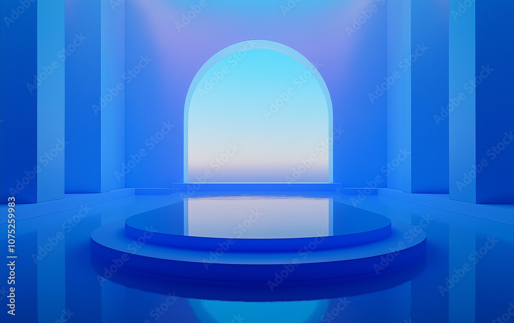 A blue circular room with blue gradient background A blue circular room with blue gradient background