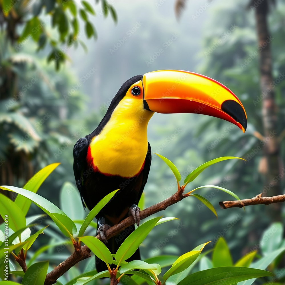 Fototapeta premium A vibrant toucan with a large orange and yellow beak, perched on a tropical branch surrounded by bright green leaves, with a misty rainforest in the background