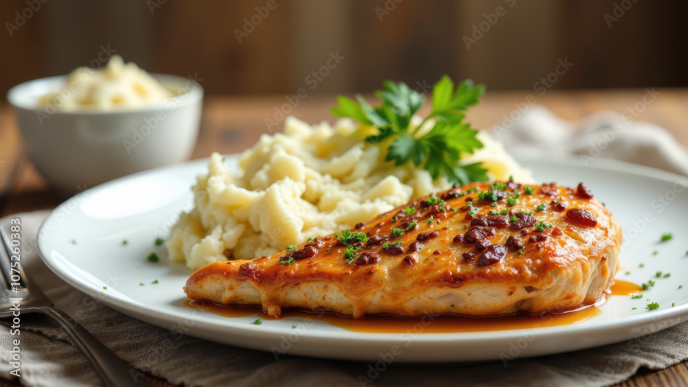 Close-up view of a well-cooked piece of chicken with garlic parsley butter on top, served over creamy mashed potatoes on a white plate. Close-up view of a well-cooked piece of chicken with garlic parsley butter on top, served over creamy mashed potatoes on a white plate.